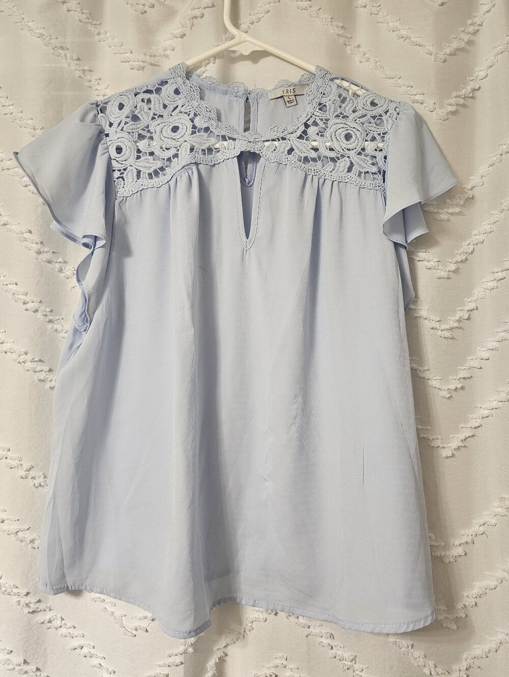 iris Light Blue Crochet Yoke Flutter Sleeve Blouse